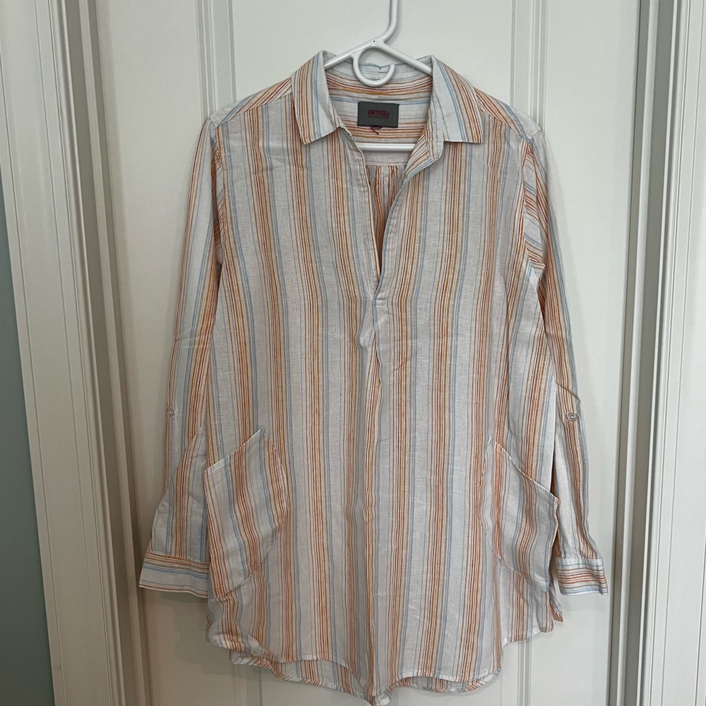 Forcynthia long striped linen tunic with pockets. XL